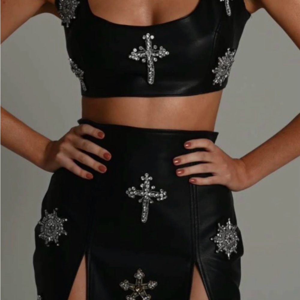 Kourtney Embellished Black Mini Skirt and Matching Top - Rhinestone Cross Detail